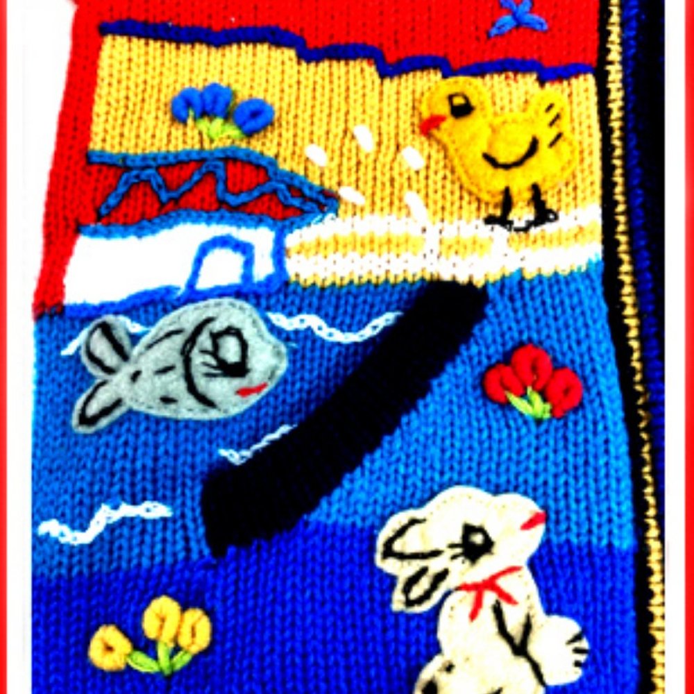 New Rare & Unique Skating Bunny & Hand-made Embroidered Knit "La Vita" Sweater